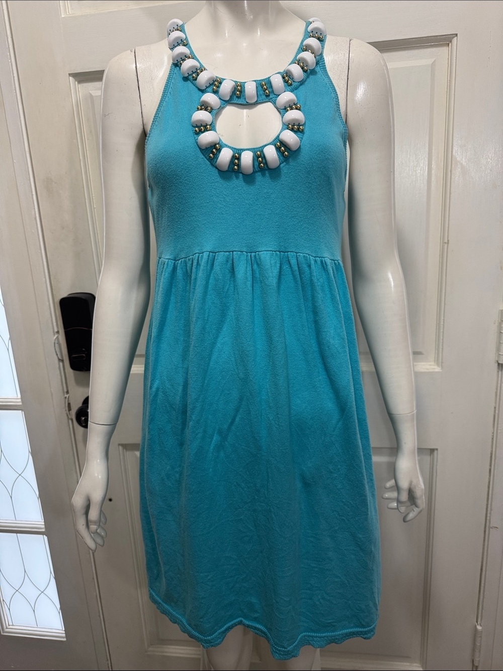 Milly of New York 100% Cotton Turquoise Beaded Neck Mini Dress Size Small